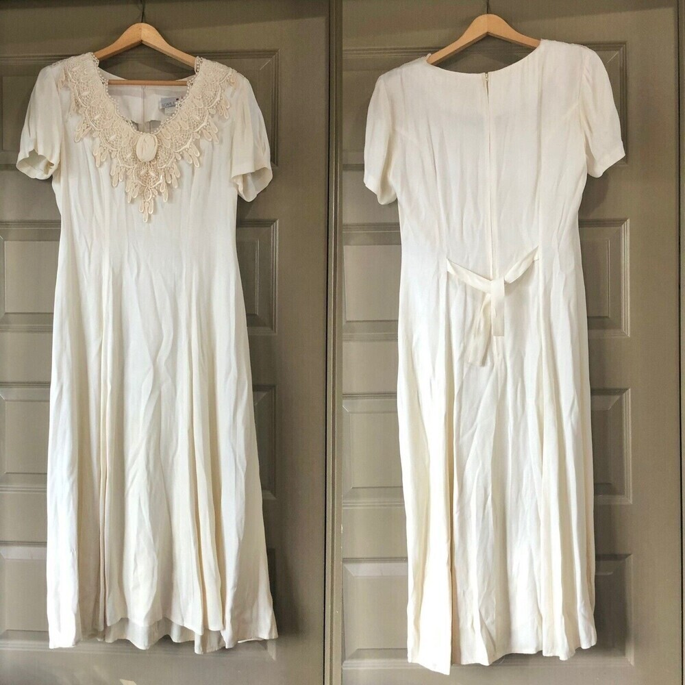 Scarlett VintageIvory Lace Maxi Prairie Boho Cottage Core Cream Dress Nightgown - Picture 2 of 11
